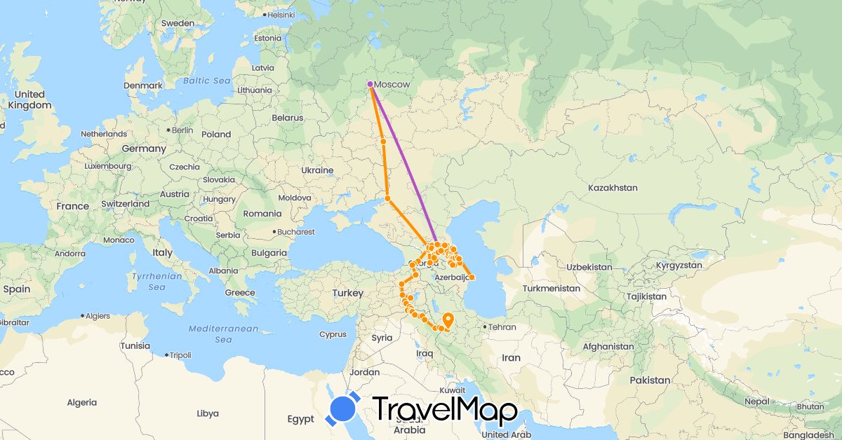 TravelMap itinerary: driving, train, hitchhiking in Azerbaijan, Georgia, Iraq, Iran, Russia, Turkey (Asia, Europe)